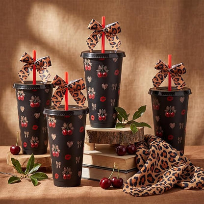 12 Sets Cherry Cheetah Print Party Supplies 24 oz Reusable Cherry Leopard Print Party Plastic Cup and Cheetah Bow Bulk Let's Get Wild Themed Drinking Cup for Birthday Baby Shower Decoration