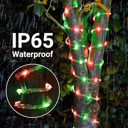 Solar Rope Lights, 66ft 200LED Solar String Lights, 8 Modes Waterproof Solar Powered Outdoor Light, Flexible Clear Tube Light for Garden Backyard Patio Deck Porch Pool Tree Christmas Decor - Red&Green