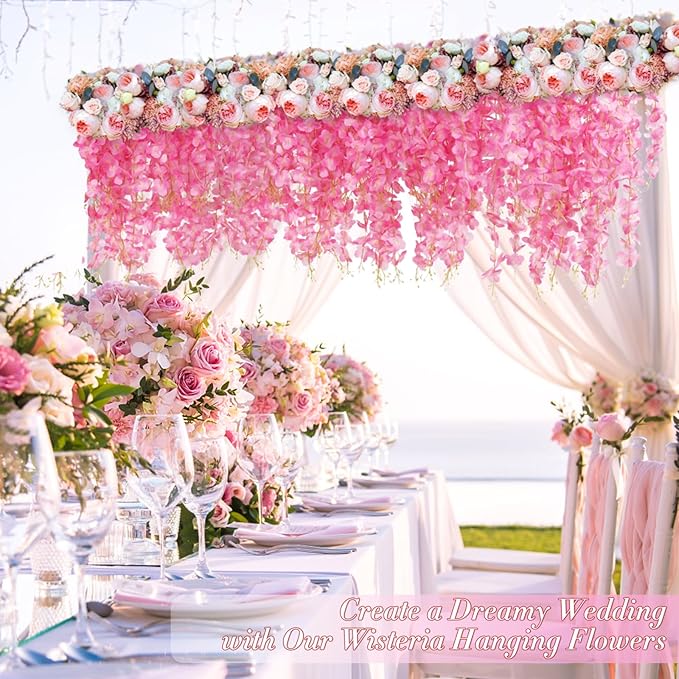 Waipfaru 12 Pack Wisteria Hanging Flowers, 3.6 Feet/Pcs Pink Wisteria Artificial Flowers, Fake Flowers Garland, Hanging Wisteria Vines for Bedroom Wedding Home Party Wall Decoration