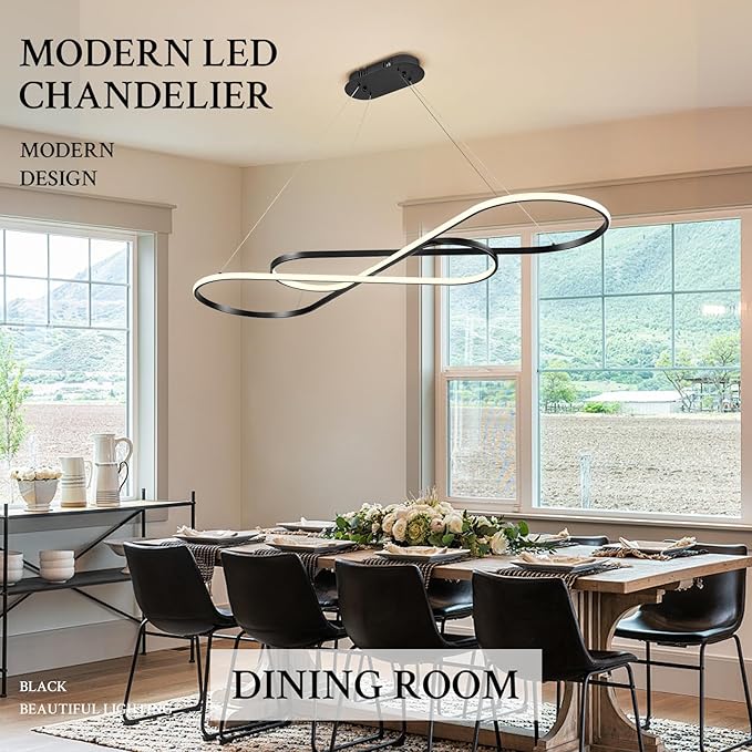 Modern LED Chandelier Black Dimmable LED Pendant Light for Dining Room Light Fixture Over Table Modern Kitchen Island Lighting High Ceiling with Remote for Living Room(56 Inch, 3000K-6500K)