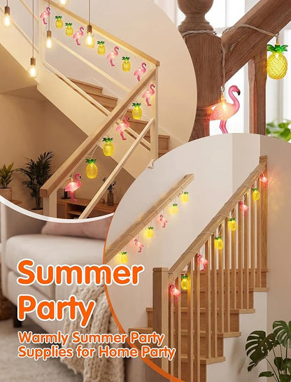8.5FT Flamingo Pineapple Summer String Lights, Boho Tropical Tiki Summer Decorative String Lights with 10 LED Bulbs, Connectable Outdoor Indoor Decor for Hawaiian Luau, Pool Party, Patio, Beach