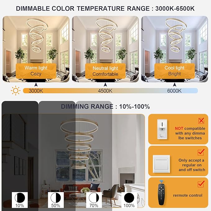 Benkut 5-Rings Modern LED Chandelier Gold Dimmable Large High Ceiling Chandeliers Foyer, Remote Pendant Lighting for Foyer Entryway Dining Room Living Room Staircase(10-Ring Lighting, D30in)