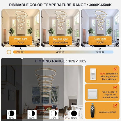 Benkut 5-Rings Modern LED Chandelier Gold Dimmable Large High Ceiling Chandeliers Foyer, Remote Pendant Lighting for Foyer Entryway Dining Room Living Room Staircase(10-Ring Lighting, D30in)