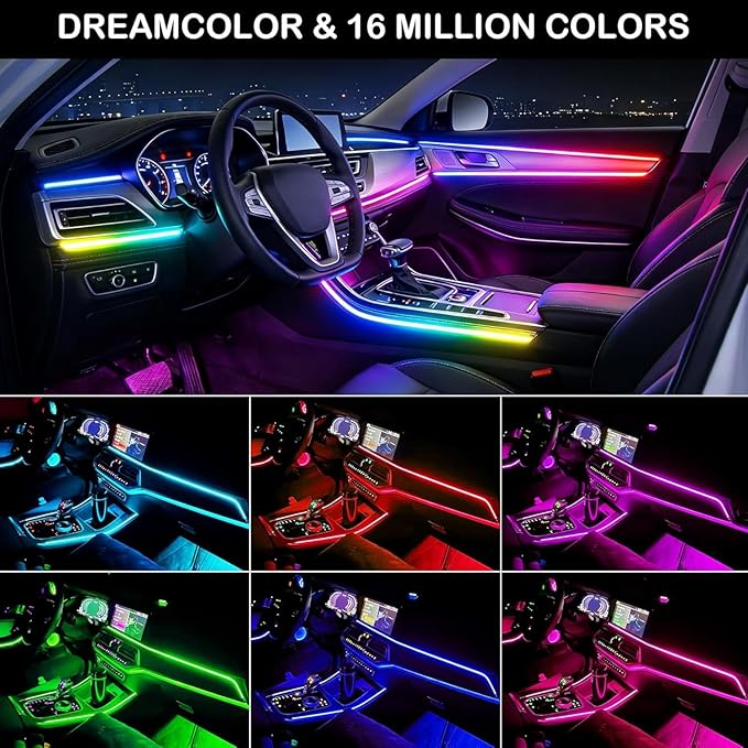 Interior Car LED Strip Lights,Acrylic LED Lights for Car with Dynamic Dreamcolor Chasing,175 inches 6 in 1 RGB Neon Strip Fiber Optic Ambient Lighting Kits with Remote APP, for Inside car Decorations