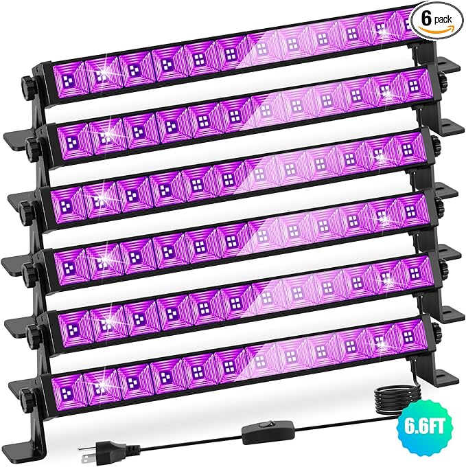 6Pack 45W Black Light, LED Blacklight Bar with 6.6ft Cord, Glow in The Dark Light Up 28x28ft, for Glow Party, Neon Decoration, Body Paint, Fluorescent Poster, Birthday, Halloween, Bedroom