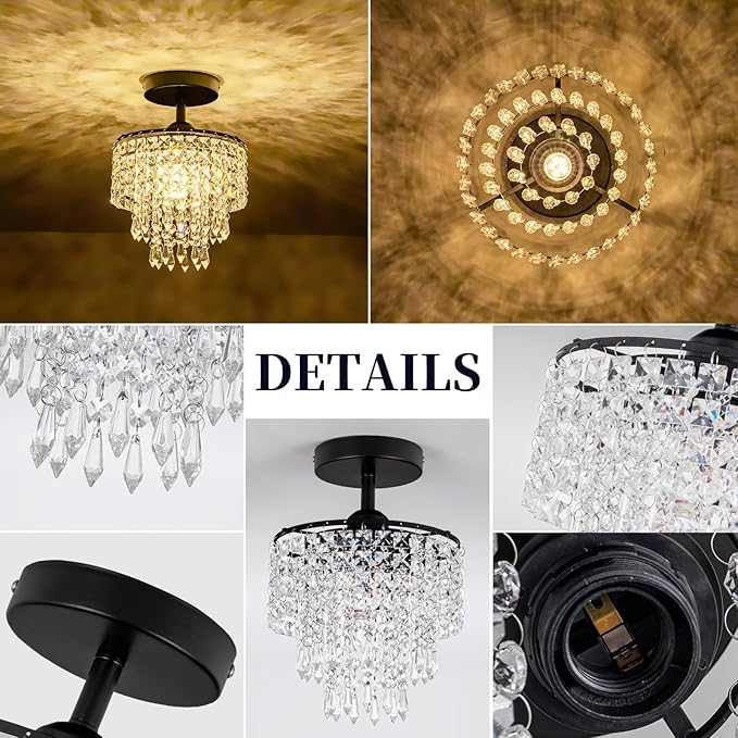 8" Black Chandelier 3-Tier Crystal Raindrop Flush Mount Ceiling Light Fixture Mini Chandelier Light for Bedroom Kitchen Hallway Bathroom Closet (Black)