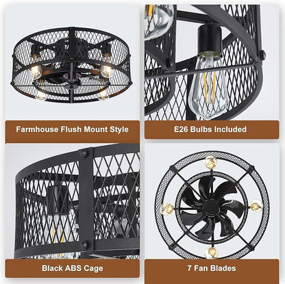 Depuley Caged Ceiling Fan with Light: 20" Flush Mount Ceiling Fans with Remote - Farmhouse Black Fandelier - Industrial Ceiling Fan Light Fixture for Small Low Indoor Bedroon Kitchen Dining Room