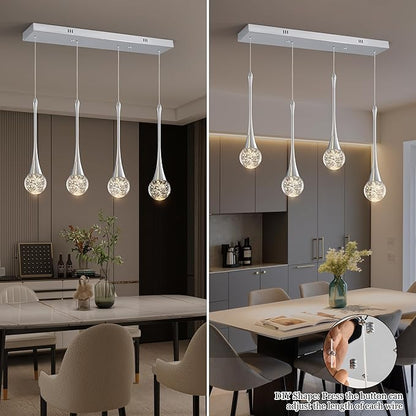 Modern Chrome Crystal Chandelier for Kitchen Island 4-Lights, Luxury Retangular Dimmable LED Bubble Raindrop Pendant Lighting Fixture for Dining Room Foyer Entryway Bedroom