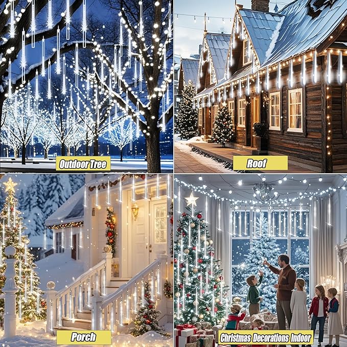 Adecorty Christmas Lights Outdoor, Meteor Shower Light 8 Tubes 192LED UL Certified Snow Falling Rain Cascading Icicle Lights for Xmas Tree Christmas Decorations Outdoor Wedding Party Window, White