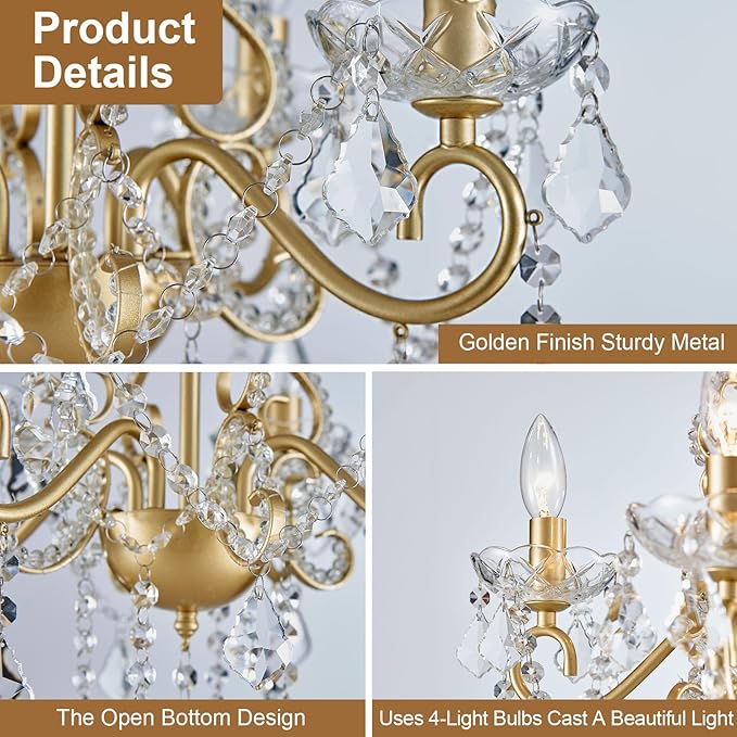 Mini Crystal Chandelier, Modern K9 Crystal Chandeliers for Dining Room, 4-Lights Gold Pendant Ceiling Light Fixture for Entryway Kitchen Island Bathroom Bedroom Living Room, H 21" x W 17.7"