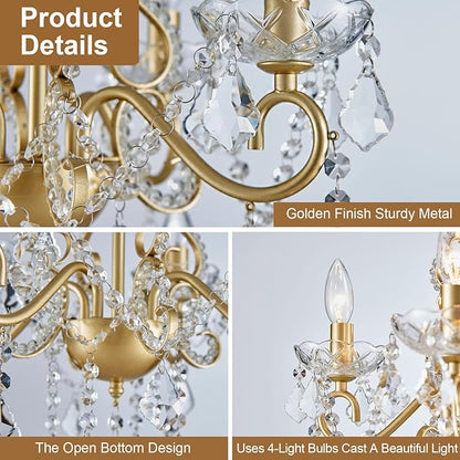 Mini Crystal Chandelier, Modern K9 Crystal Chandeliers for Dining Room, 4-Lights Gold Pendant Ceiling Light Fixture for Entryway Kitchen Island Bathroom Bedroom Living Room, H 21" x W 17.7"