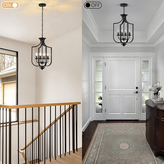 12.99'' Black Chandelier 4-Lights Modern Farmhouse Lantern Chandeliers for Dining Room Rustic Metal Cage Industrial Pendant Light Fixture Vintage Chandelier for Foyer Kitchen Entryway Living Room E12