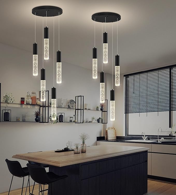 Modern Crystal Chandelier for Kitchen Island 5-Lights, Elegant Black LED Bubble Pendant Lighting Fixture for Dining Room Bedroom Entryway