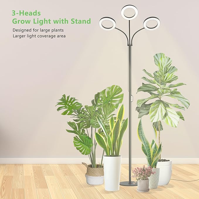 Grow Light for Indoor Plants, 3-Head Full Spectrum LED Tall Plant Lights with Timer, 3 Color Modes Standing Floor Growing Lamp, 74" Height Adjustable, 10 Dimmable Levels for Large Plants