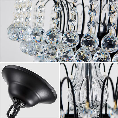 WUZUPS Crystal Chandelier Pendant Flushmount Ceiling Light Modern Lighting Fixture for Bedroom Hallway Bar Kitchen Bathroom, H 17.3" x W 18.9", Black, E12 Base