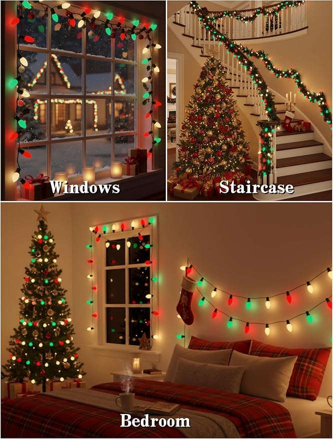 Red Green White LED Christmas Lights,25FT Waterproof C9 Multicolor Christmas Lights Outdoor with 26 Shatterproof Bulbs,Commercial Hanging Xmas Light for Roof Patio Balcony Party Xmas Decor