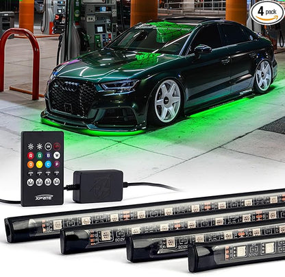 Xprite 4Pcs Car Underglow Neon Accent Strip Lights RGB 8 Color 252 LEDs Sound Music Function and Wireless Remote Control Underbody Light Strips for Car SUV Truck w/6FT Extension Wire, 2 Years Warranty