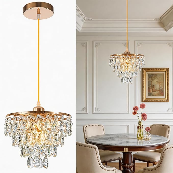 Mini Crystal Chandelier Small Modern Crystal Flush Mount Ceiling Light for Hallway Closet, E26 Base, K9 Crystal (Gold-Pendant)