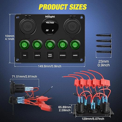 Nilight 5 Gang Multi Function Waterproof Switch Panel PD Type C and USB Socket Digital Voltmeter 12V Outlet Rocker with Inline Fuse for RVs Cars Boats Trucks Trailers Green