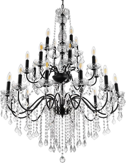 Wellmet Black Chandelier Light Fixture, Luxury Maria Theresa Crystal Chandeliers for High Ceiling Foyer, 24 Lights Hanging Pendant Light for Living Room EntryWay Hall Staircase Large 35.66" (Black)