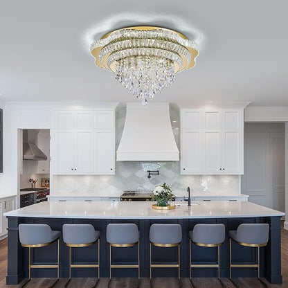 Gold 30" Modern Flush Mount Chandelier for Living Room, LED Crystal Ceiling Light for Bedroom,Elegant Dining Room Lighting Fixture with Remote Control, 3CCT Dimmable