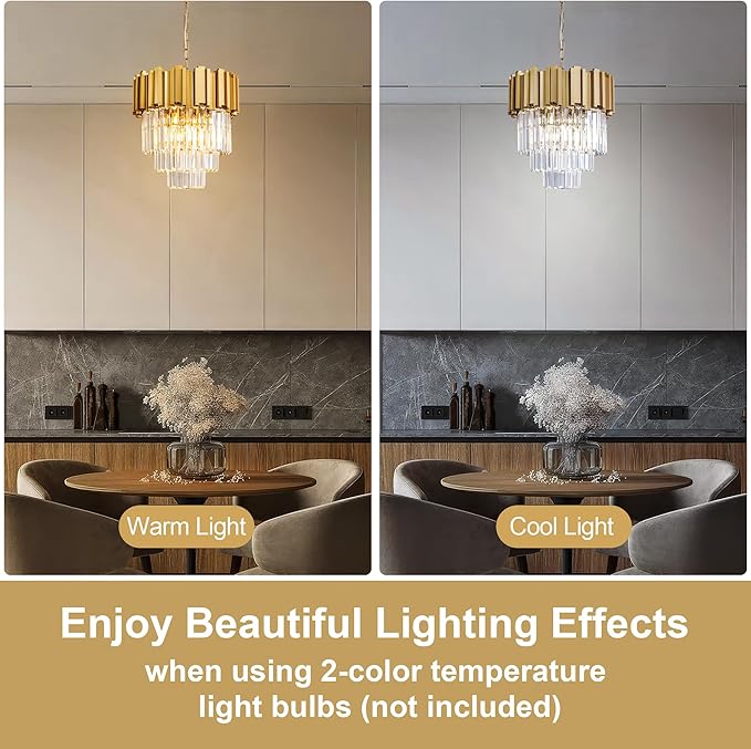 3-Tier 15.8" Modern Gold Crystal Chandelier, 5-Light Round K9 Crystal Pendant Light Fixture for Dining Room, Kitchen Island, Bedroom, Living Room, Foyer, Entryway