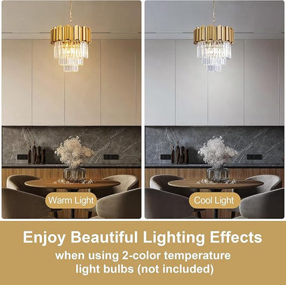 3-Tier 15.8" Modern Gold Crystal Chandelier, 5-Light Round K9 Crystal Pendant Light Fixture for Dining Room, Kitchen Island, Bedroom, Living Room, Foyer, Entryway