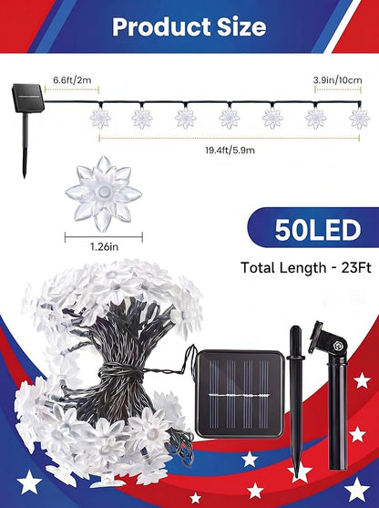 ITICdecor Solar Flower String Lights Outdoor Waterproof 50 LED Solar String Lights for Outside Decorative for Garden Fence Patio Yard Christmas Tree Lawn Party(Red White&Blue)