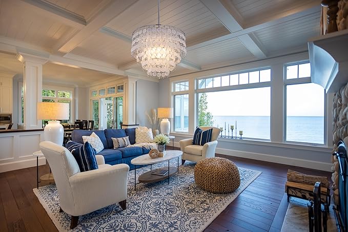 TOCHIC Modern Capiz Shell Crystal Chandelier 6-Light Chrome Coastal Chandelier for Living Dining Room Bedroom Nuture Seashell Boho Semi Flush Mount Ceiling Light Fixture for Kitchen Island Foyer