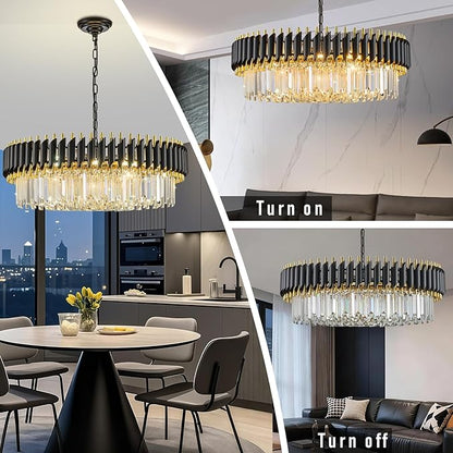 Black and Gold Crystal Chandelier 30'' K9 Crystal Luxury Round Pendant Lights Adjustable 6-Tier 12-Lights Large Modern Crystal Chandelier Light for Dining Room Living Room Foyer Entryway