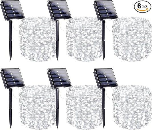 6 Pack Solar String Lights Outdoor, Extra-Long 600LED Solar Fairy Lights Outdoor Waterproof, Solar Twinkle Lights Silver Wire 8 Modes Solar Outside Lights for Xmas Tree Party Wedding (Cool White)