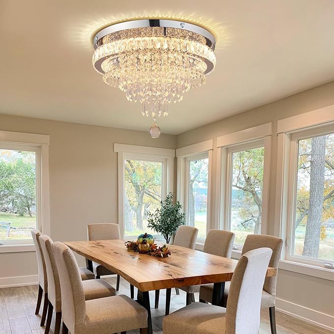 FRIXCHUR 19.7" Modern Crystal Chandelier Ceiling Light LED Chandeliers Flush Mount Ceiling Light Fixture for Bedrooms Living Dining Room Lights 2700K Warm White