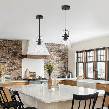 Black Pendant Lights Kitchen Island 2 Pack, Farmhouse Pendant Light, Industrial Clear Glass Pendant Light, 6.5 inches Kitchen Pendant Lighting Over Island Sink Dining Room