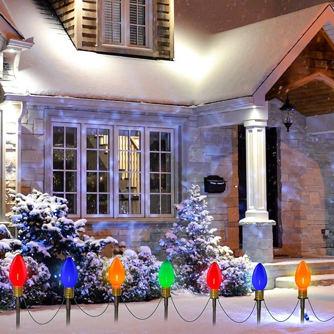 2 Pack C9 Christmas Pathway Stake Lights, 14Ft Total Outdoor Christmas Decorations with 8 Jumbo Multicolor LED Bulbs, Energy Saving Walkway Lights for Lawn Yard Garden Driveway Sidewalk Holiday Decor