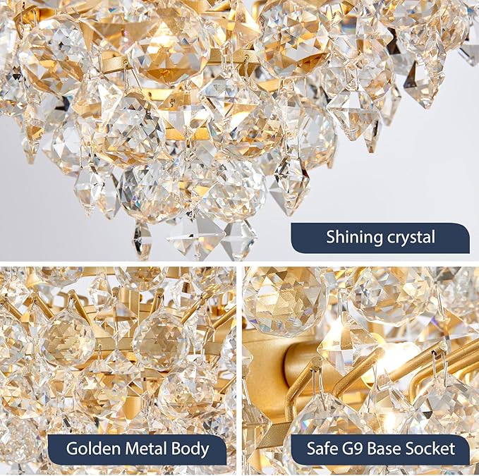 Bestier Gold Modern Pendant Chandelier Crystal Raindrop Lighting Ceiling Light Fixture Lamp for Dining Room Bathroom Bedroom Livingroom 4 G9 Bulbs Required D11 in x H12 in