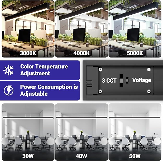 JTT 4FT LED Linear Light,50W/40W/30W Linkable Office Light Fixture,3000K-5000K Selectable,0-10V Dimmable Architectural LED Suspension Ceiling Hanging for Shop Basement Light Dining Gym Room, 4 Packs