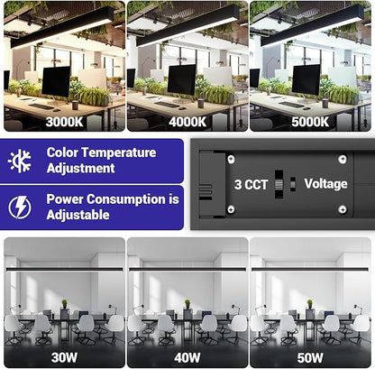 JTT 4FT LED Linear Light, 30W/40W/50W 3CCT 3000K/4000K/5000K CCT Selectable, 6250 LM Linkable Office Shop Light Fixture, ETL Listed Dimmable Architectural LED Suspension Office Lighting Fixture
