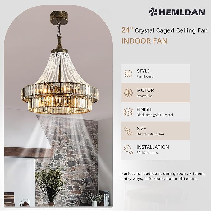 24" Modern Crystal Caged Fandelier, Smart Chandelier Fan with Remote and APP Control, Double Layer Ceiling Fan with Light for Dining Living Room Bedroom, Italian Design-Black Gold