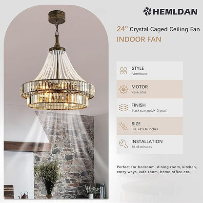 24" Modern Crystal Caged Fandelier, Smart Chandelier Fan with Remote and APP Control, Double Layer Ceiling Fan with Light for Dining Living Room Bedroom, Italian Design-Black Gold
