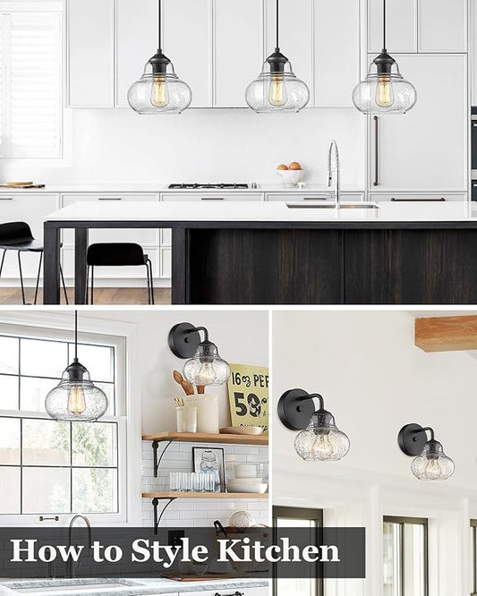 ELYONA 2 Pack Bubble Glass Pendant Light 8 inch Industrial Kitchen Hanging Pendant Light Fxitures Modern Hand Blown Seeded Glass for Farmhouse Dining Room Bar Bedroom Living Room Black