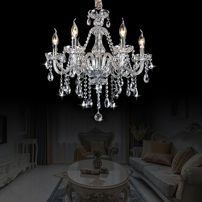 Bagood Clear 6 Lights Candle Chandelier Lighting K9 Crystal Candle Chandeliers Lighting Crystal Modern Chandelier for Dining Living Room Bedroom Entry Elegant Decoration E12 Base, H22 x W23.6 Inch