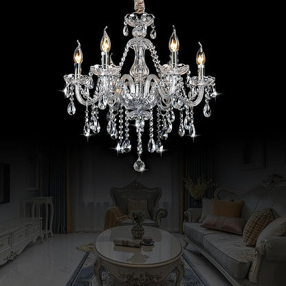 Bagood Clear 6 Lights Candle Chandelier Lighting K9 Crystal Candle Chandeliers Lighting Crystal Modern Chandelier for Dining Living Room Bedroom Entry Elegant Decoration E12 Base, H22 x W23.6 Inch