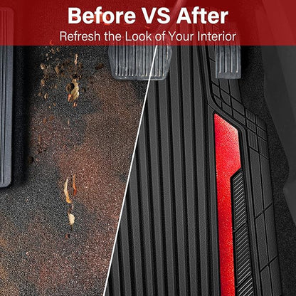 CAR PASS Heavy Duty Rubber Car Mats Metallic, Aluminum Film All Weather Floor Mats Waterproof Universal Trim to Fit Automotive SUV Sedan Van 4 Piece Anodized Deep Dish Two-Tone Sporty Black Red Chrome
