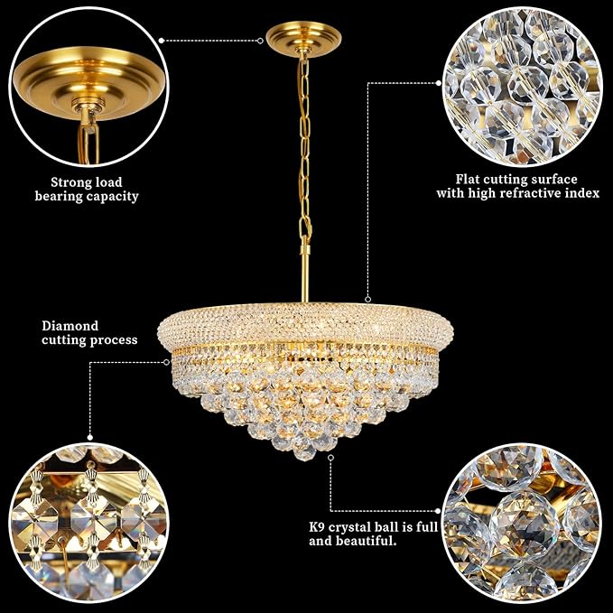 Crystal Chandeliers for Dining Room Light Fixtures Over Table, Empire Style k9 Crystal Chandelier for Bedroom, 9 Lights Gold Luxury Lighting Fixtures for Living Room Kitchen lsland Entryway D22 Inch