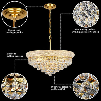 Crystal Chandeliers for Dining Room Light Fixtures Over Table, Empire Style k9 Crystal Chandelier for Bedroom, 9 Lights Gold Luxury Lighting Fixtures for Living Room Kitchen lsland Entryway D22 Inch