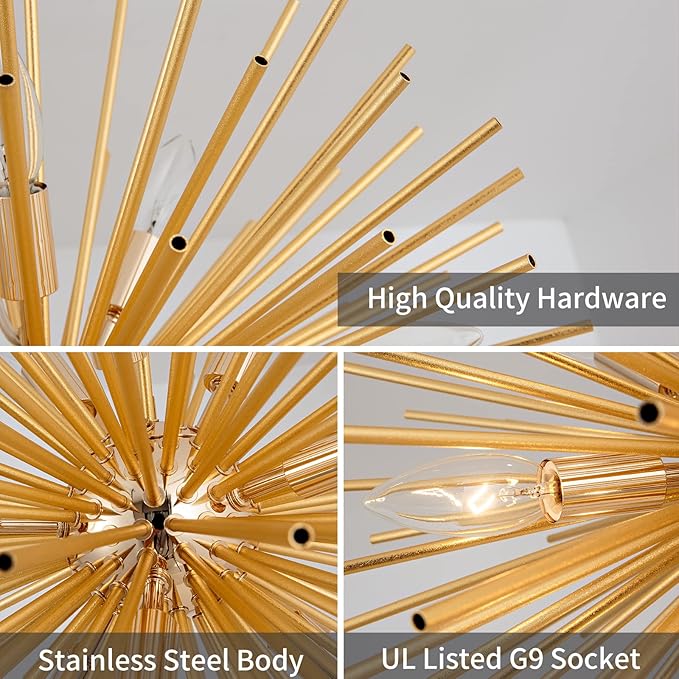 CM MZY Modern Gold Sputnik Chandeliers, 9-Light Satellite Pendant Light fixtures, Starburst Firework Ceiling Lights for Bedroom Living Room Dining Room Kitchen Island Hallway, E12 Socket(Dia:19.7'')