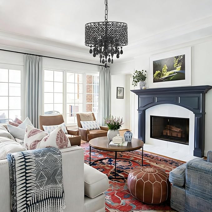 VILUXY Crystal Chandelier for Dining Room Black Smoke Ceiling Pendant Lighting Modern Crystal Hanging Light Fixture Small Drum Chandelier with Chain Mid-Century for Foyer