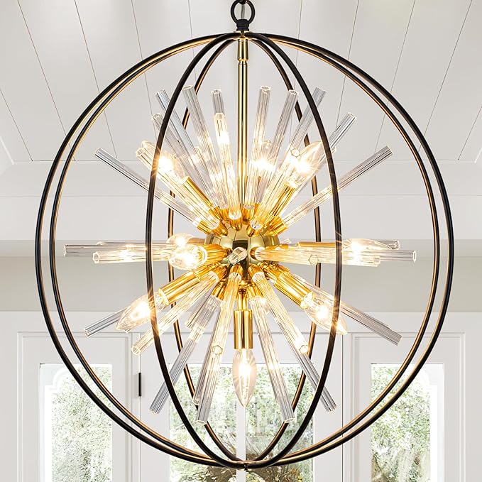 Vezzio 22 Inch Black and Gold Chandelier Modern Chandeliers for Living Room 10-Light Globe Sputnik Chandelier Round Hanging Chandelier for Foyer Entryway Stairway Kitchen Island