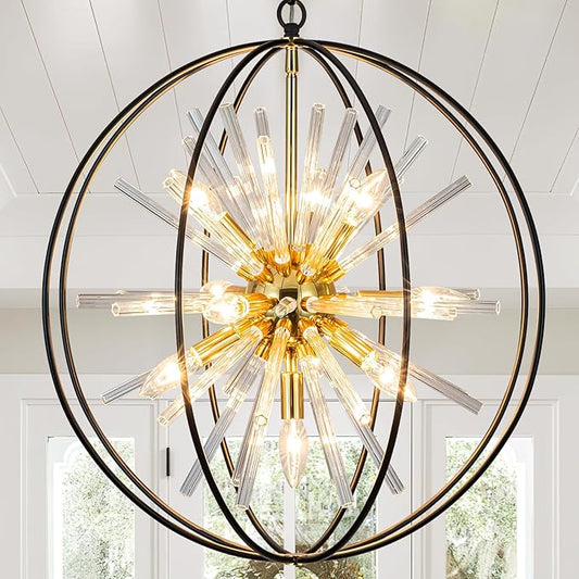 Vezzio 22 Inch Black and Gold Chandelier Modern Chandeliers for Living Room 10-Light Globe Sputnik Chandelier Round Hanging Chandelier for Foyer Entryway Stairway Kitchen Island