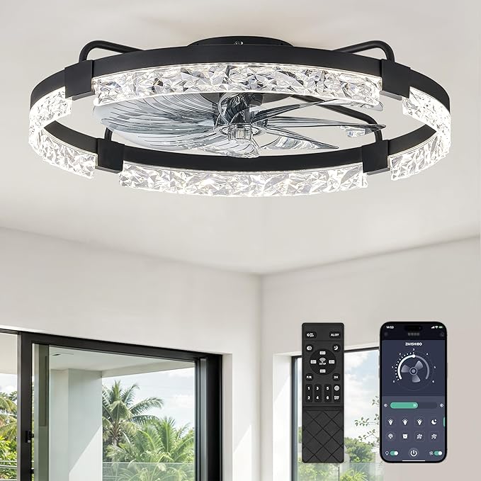 ZMISHIBO Ceiling Fans with Lights and Remote, 24 Inch Flush Mount Fan Light, 6 Speeds, 3CCT, Dimmable, Low Profile Ceiling Fan, Modern Ceiling Fan with Light for Bedroom and Living Room, Black